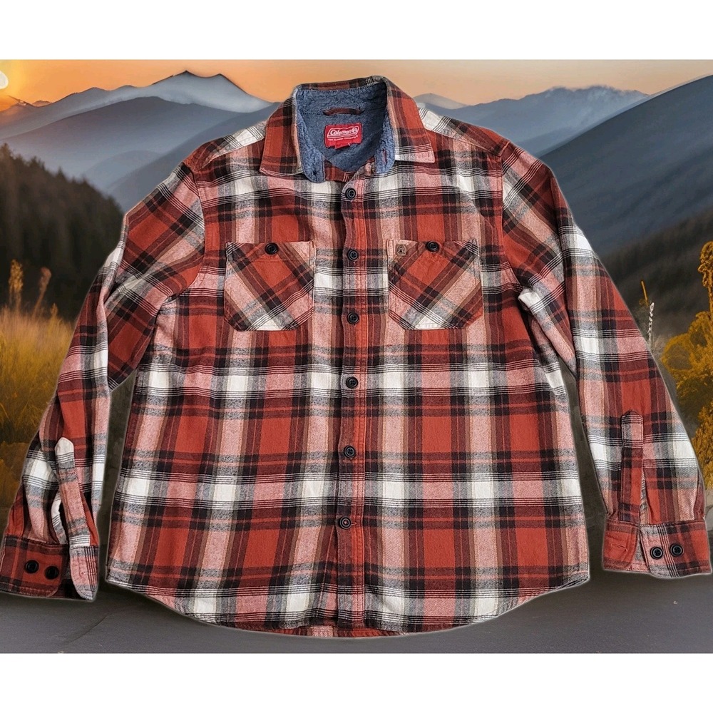 🌲Coleman Flannel Shirt Mens L Plaid Red Long Sleeve Cotton Gorpcore Hiking